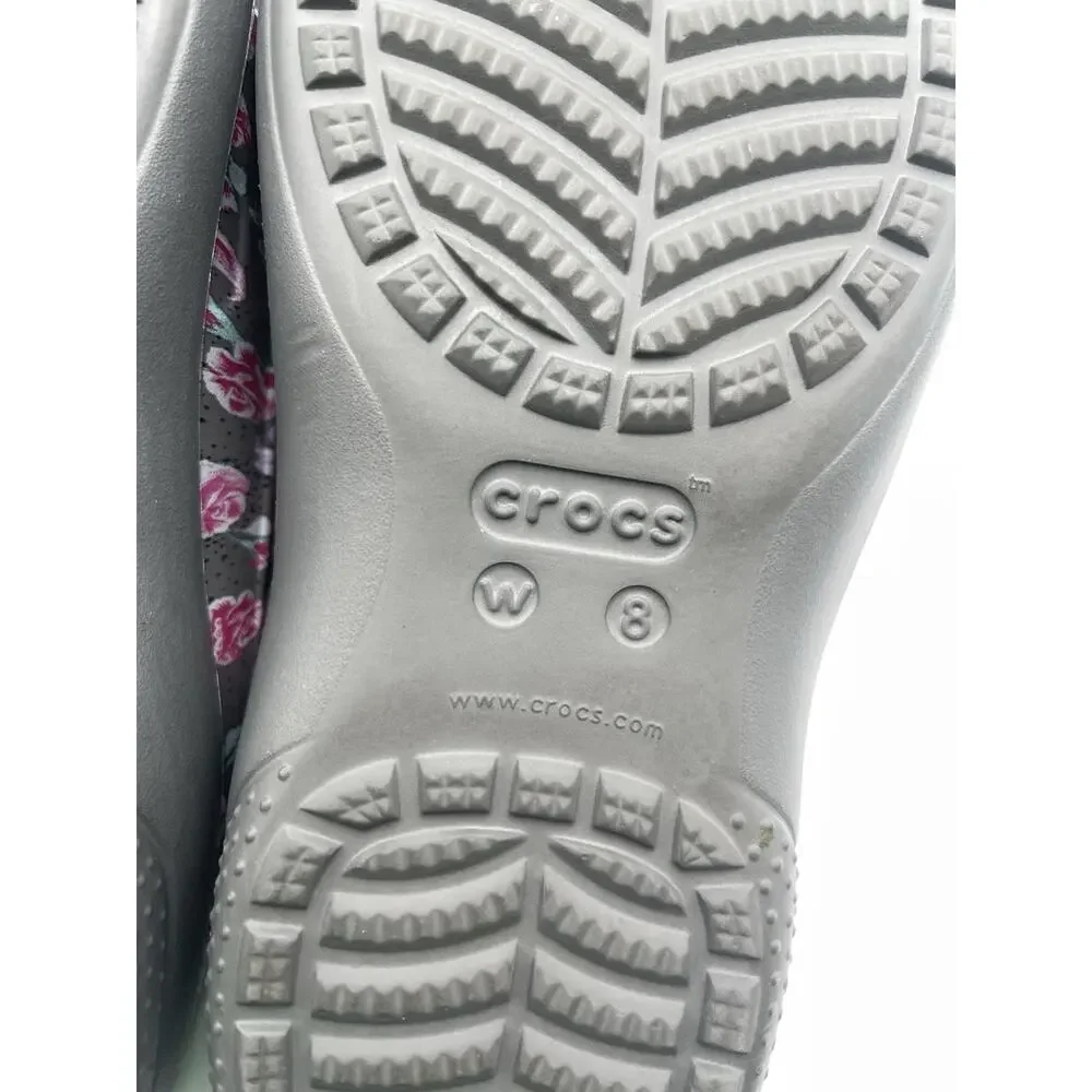 Crocs Womens Floral Design Slides Shoes Size 8 Gray Slip On Comfort
